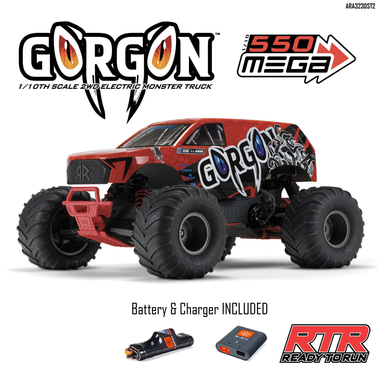 ARA3230ST2 1/10 GORGON 4X2 MEGA 550 Monster Truck RTR brossé avec batterie et chargeur, rouge