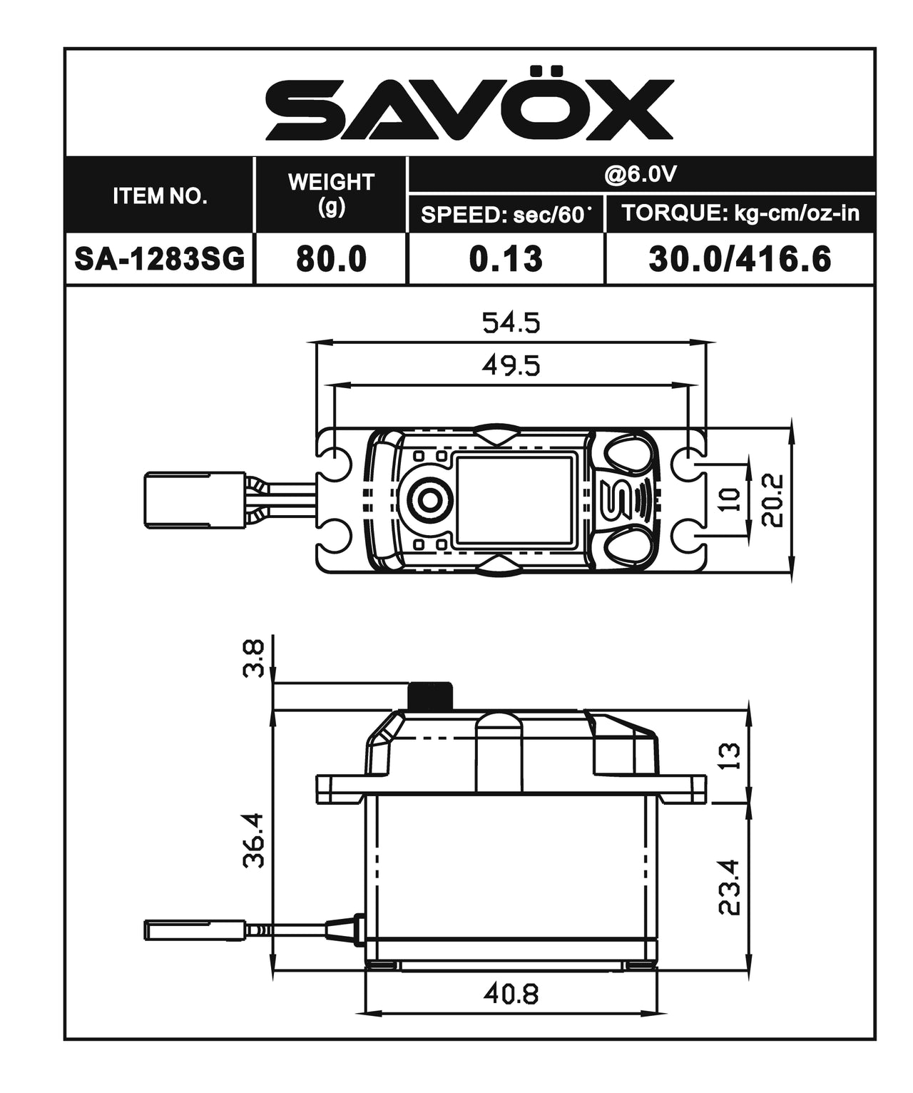SAVSA1283SGP Servo numérique à boîtier métallique sans noyau avec démarrage progressif, 0,13 s / 416 oz à 6 V