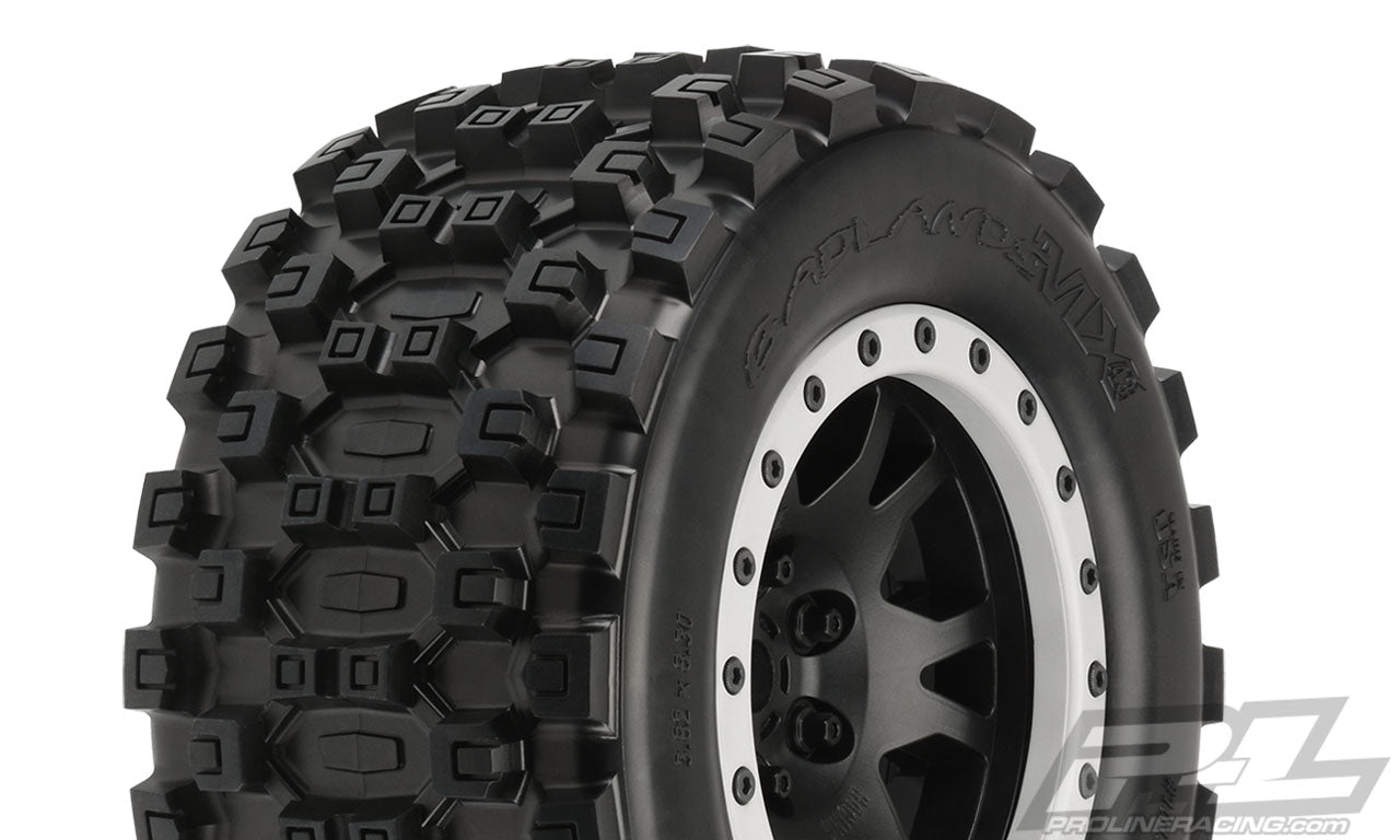 PRO1013113 Pro-Line Badlands MX43 Pro-Loc All Terrain Tires (2) Mounted on Impulse Pro-Loc Black Wheels with Stone Gray Rings for X-MAXX Front or Rear Belted