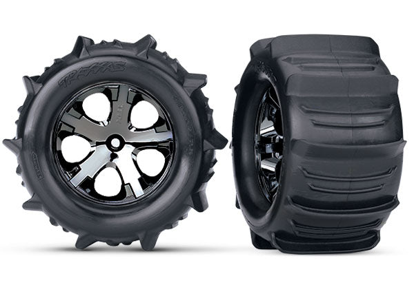 3689 Llantas y ruedas Traxxas, ensambladas, pegadas (2.8") (ruedas All-Star cromadas en negro, llantas para paletas, inserciones de espuma) (parte trasera eléctrica) (2) (clasificación TSM)