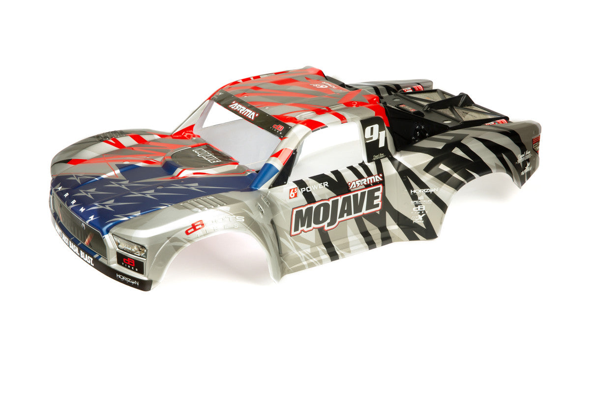 ARA411005 MOJAVE 6S BLX PAINTED DECALLED TRIMMED BODY (SILVER/RED)