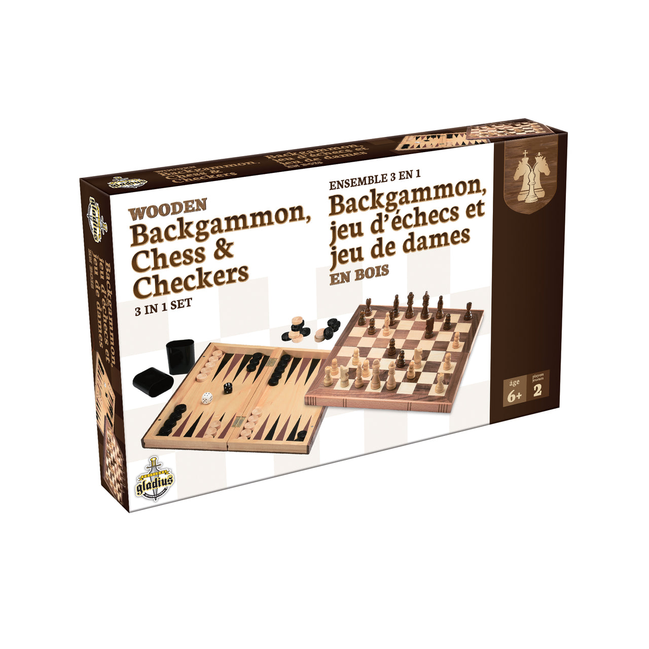 Backgammon, jeux d'échecs et de dames en bois - Ensemble 3-en-1