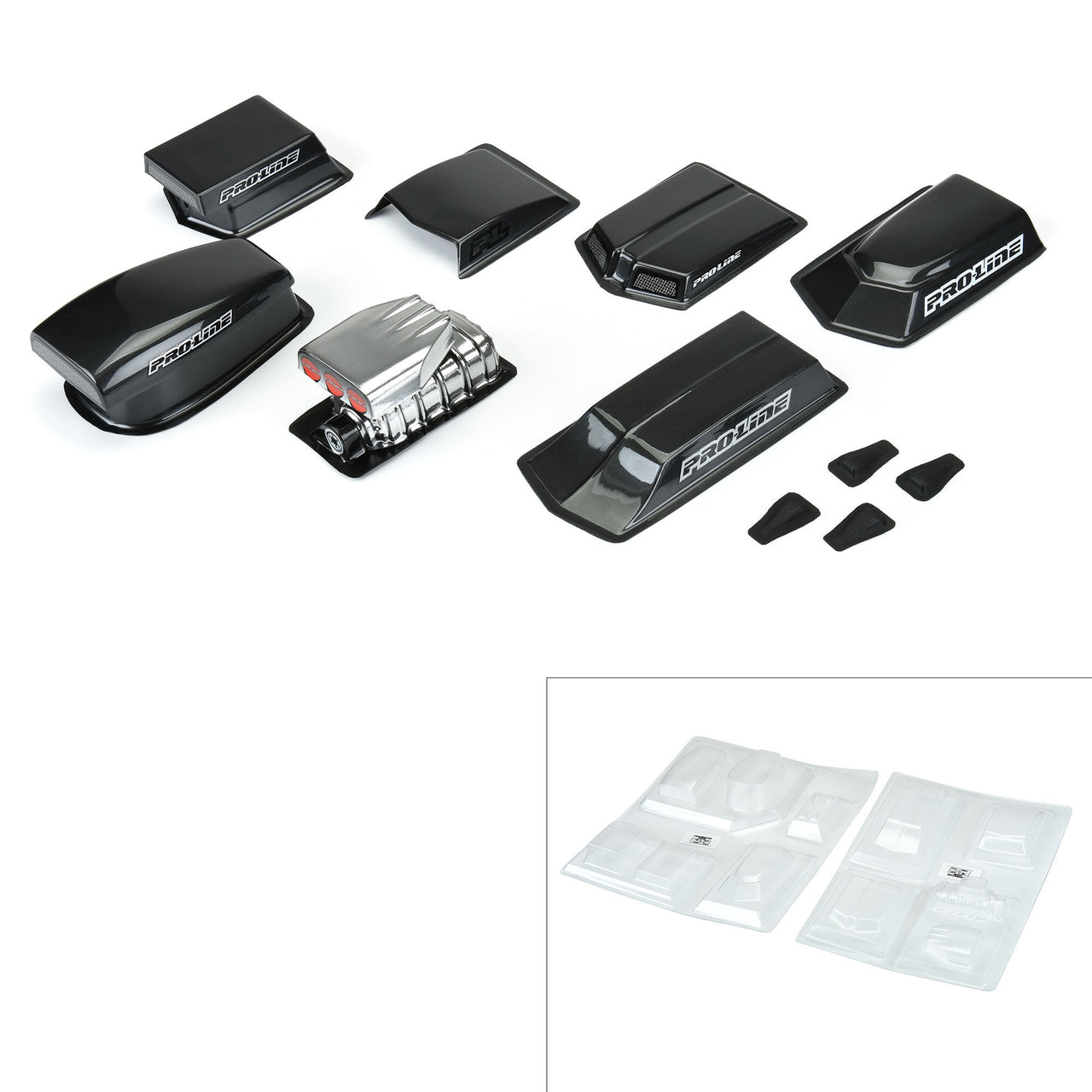 PRO636800 1/10 Drag Racing Clear Hood Scoops and Blowers Variety Pack