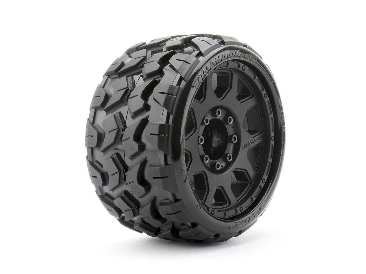 JKO1601CBMSGBB3  1/8 SGT 3.8 Tomahawk Tires Mounted on Black Claw Rims, Medium Soft, Belted, 12mm (for Traxxas Hoss)