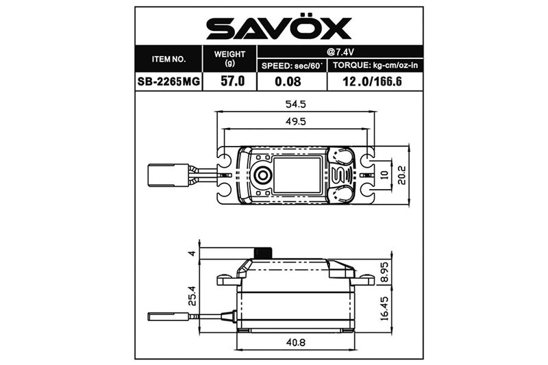 SAVSB2265MG-BE Servo numérique sans balais haute tension à profil bas édition noire 0,08 s / 166,6 oz à 7,4 V