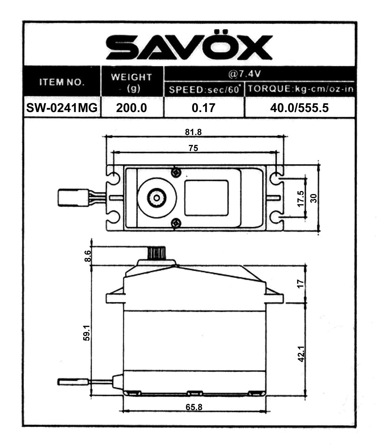SAVSW0241MG Servo numérique étanche à l'échelle 1/5ème 0,17 s / 555 oz à 7,4 V
