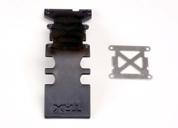 4938 Traxxas Skidplate, plástico trasero (negro)/placa de acero inoxidable