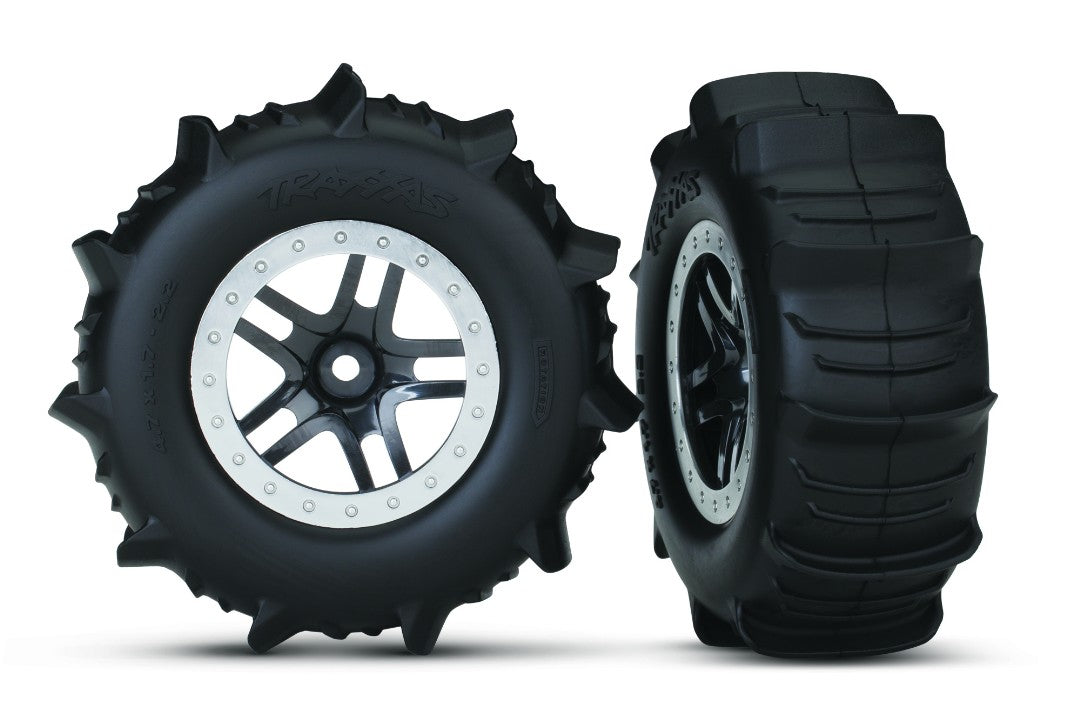 5891 Tires & wheels, assembled, glued (SCT Split-Spoke satin chrome, beadlock style wheels, paddle tires, foam inserts) (2) (4WD front/rear, 2WD rear only) (TSM rated)