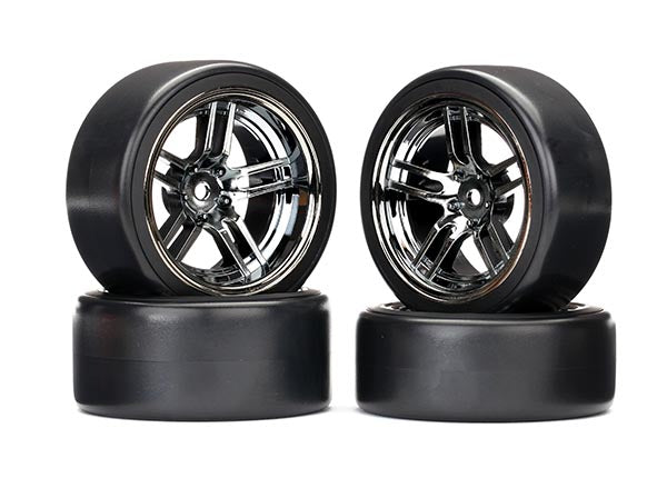 8378 Traxxas Neumáticos y ruedas, ensamblados (ruedas cromadas negras de radios divididos, neumáticos Drift de 1,9') (delantero y trasero)