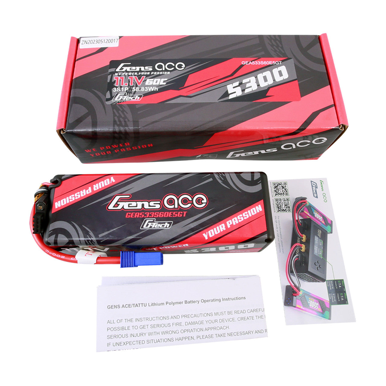 GEA533S60E5GT Gens Ace 5300mAh 3S 60C 11.1V HardCase G-Tech Lipo Battery 15# With EC5 Plug