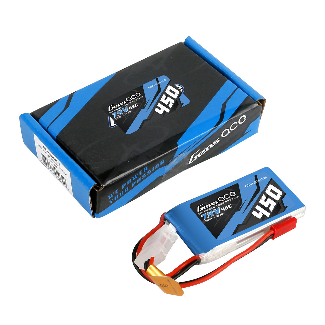 GEA4502S45JS Gens Ace 450mAh 7.4V 45C 2S1P batterie Lipo avec prise JST-SYP 