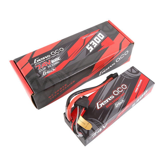 GEA532S60T3GT Gens Ace G-Tech 5300mAh 7.4V 60C 2S1P HardCase Lipo Battery Pack 24# With EC3 And Deans Adapter For RC Car