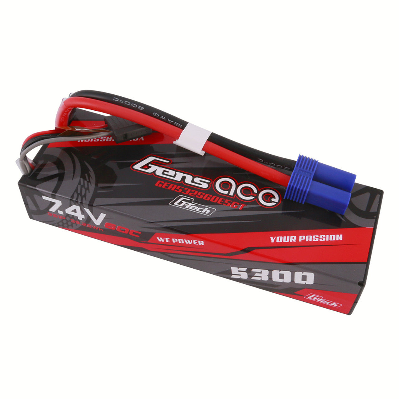 GEA532S60E5GT Gens Ace G-Tech 5300mAh 7.4V 60C 2S1P HardCase Lipo Battery Pack 24# With EC5 Plug For RC Car