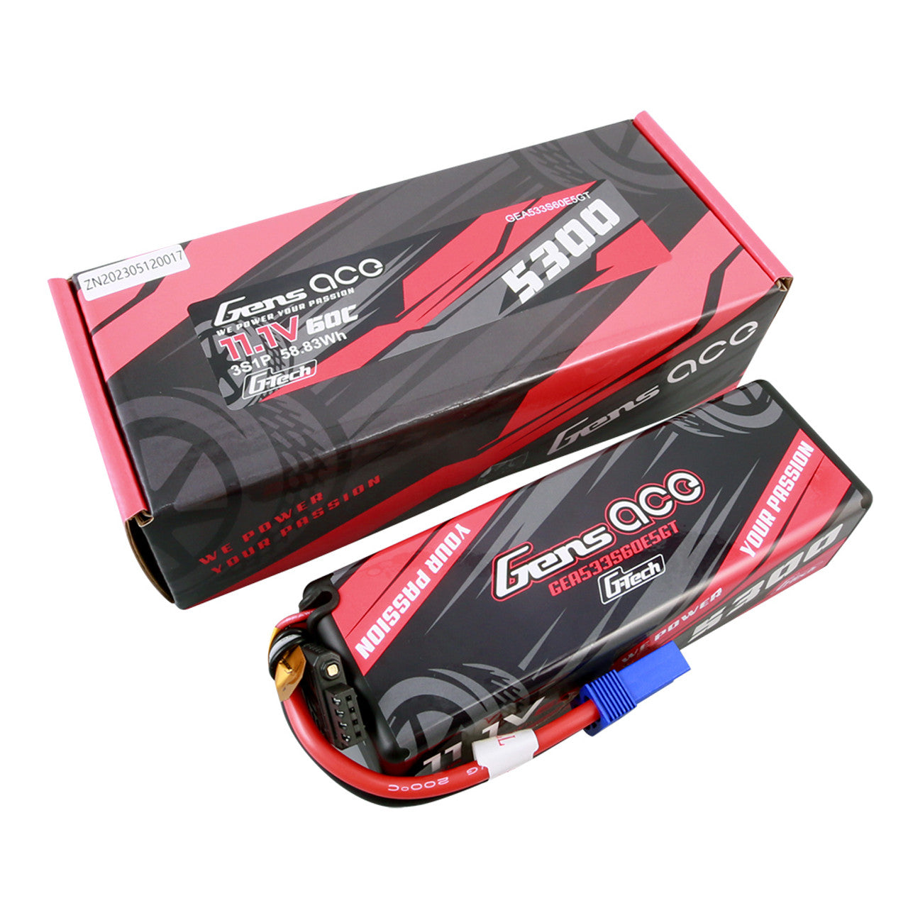 Gens Ace 5300mAh 3S 60C 11.1V HardCase G-Tech Lipo Batterie 15# avec prise EC5