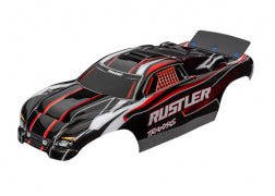 3750 Traxxas Body, Rustler Red & Black (pintado, calcomanías aplicadas)
