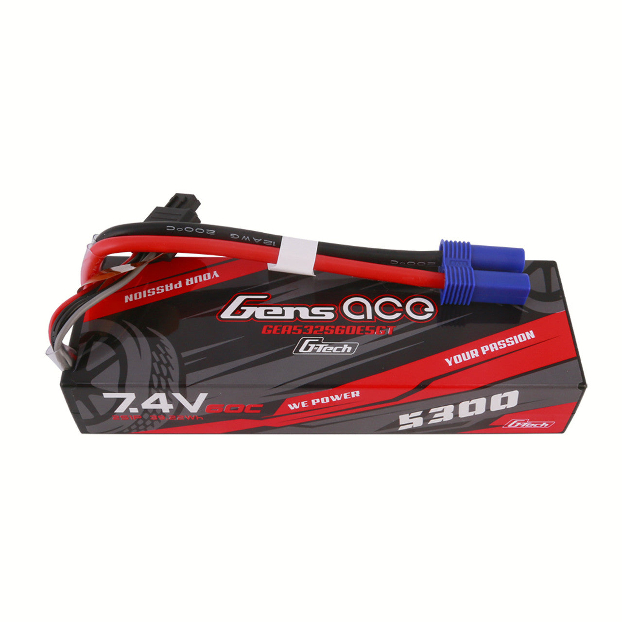 GEA532S60E5GT Gens Ace G-Tech 5300mAh 7.4V 60C 2S1P HardCase Lipo Battery Pack 24# With EC5 Plug For RC Car