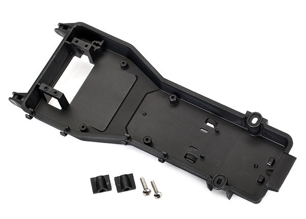 5772 Traxxas Radio tray/ radio tray retainer (2)/ stuffing tube clamp