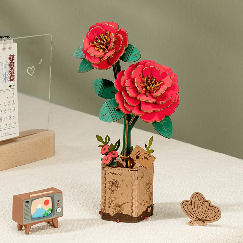 ROETW031 Rowood DIY Wooden Red Camellia 3D Wooden Puzzle