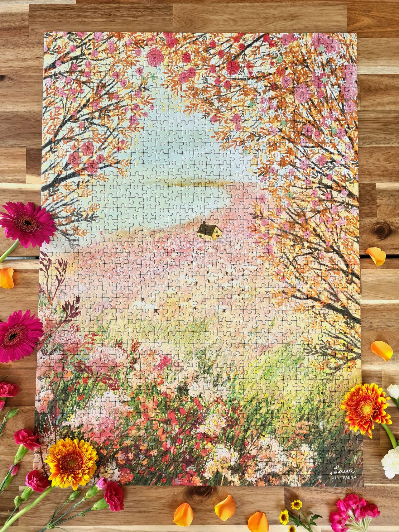 Puzzle Cottage et champs roses de 1000 pièces