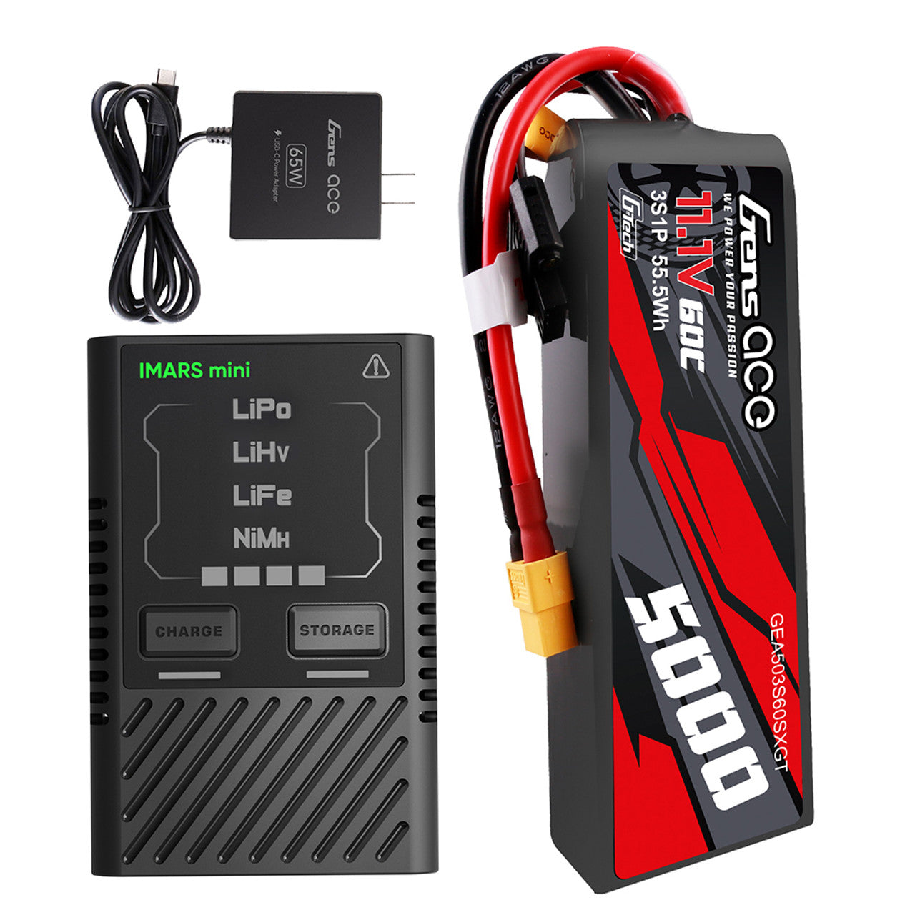 Gens Ace 5000mAh 3S 60C Short-Size G-Tech Lipo With XT60 Plug + IMars Mini G-Tech 60W Charger Combo for Traxxas