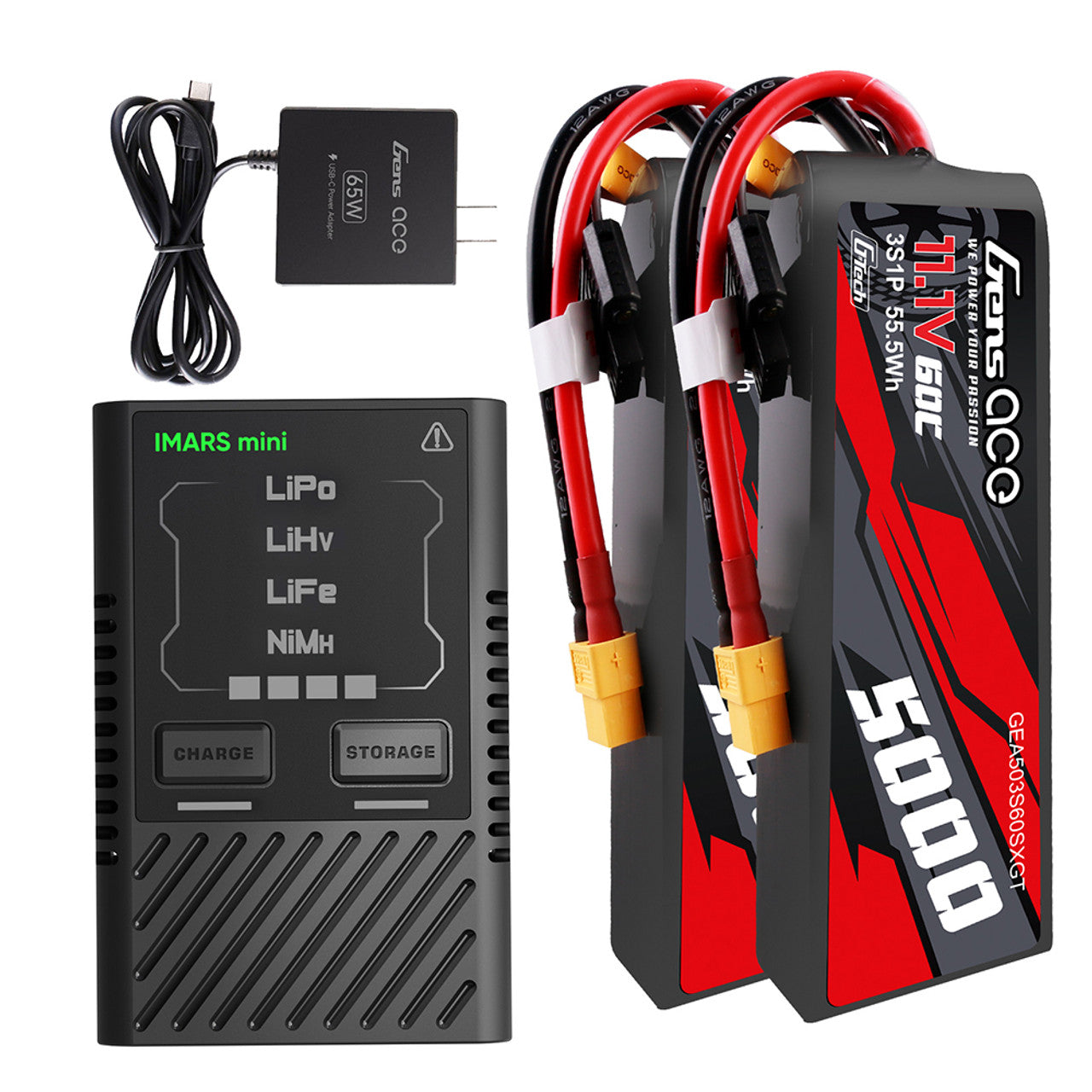 Gens Ace 5000mAh 3S 60C 11.1V Short-Size G-Tech Lipo Battery Pack With XT60 Plugx2 + IMars Mini G-Tech 60W Charger Combo for Traxxas