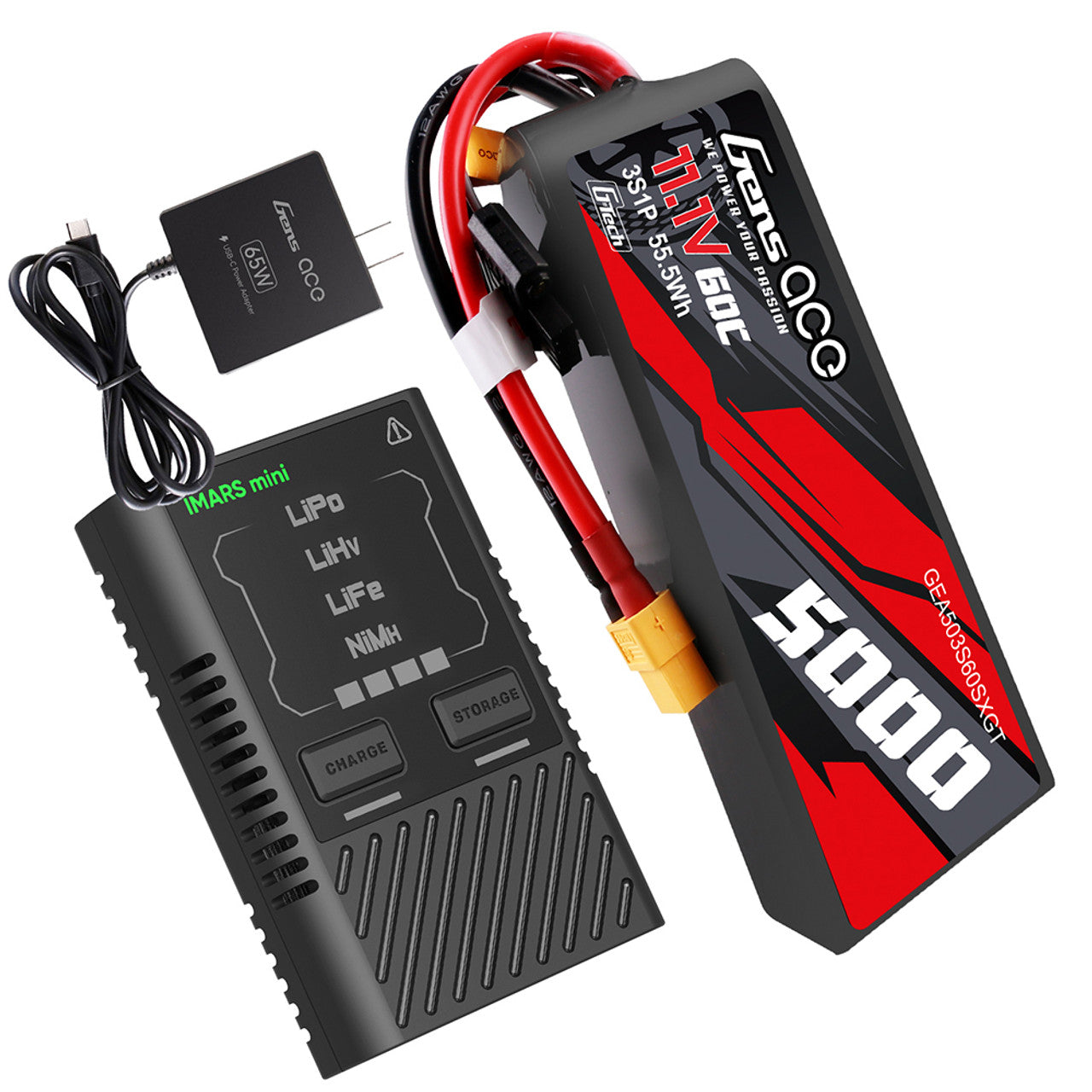 Gens Ace 5000mAh 3S 60C Short-Size G-Tech Lipo With XT60 Plug + IMars Mini G-Tech 60W Charger Combo for Traxxas