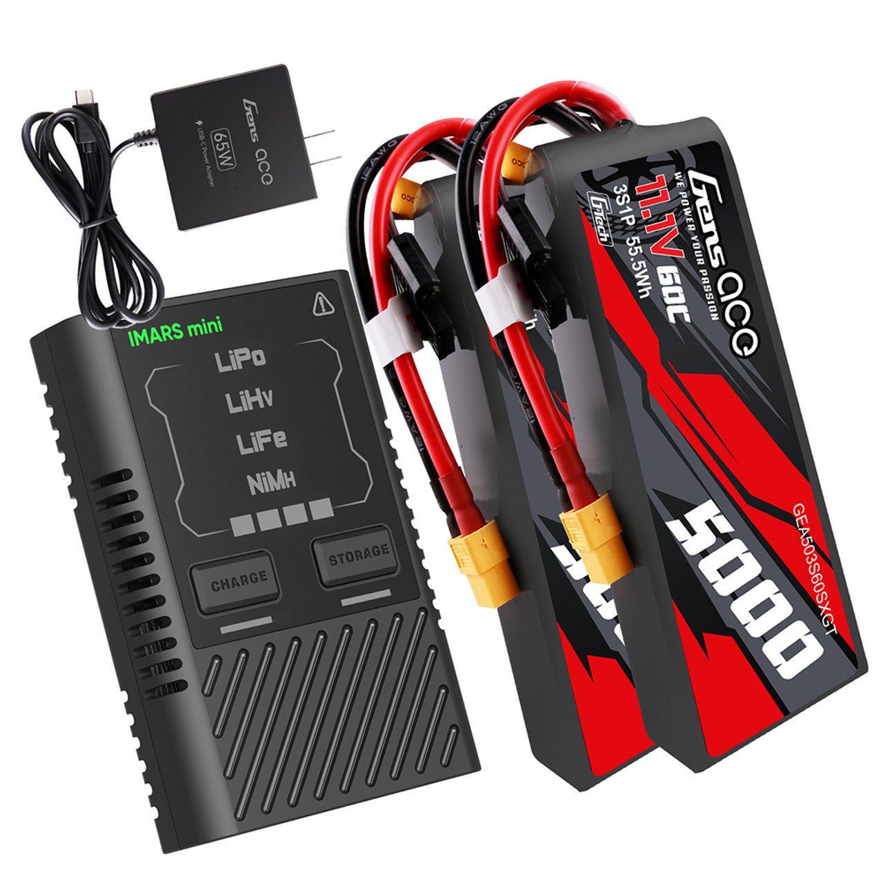 Gens Ace 5000mAh 3S 60C 11.1V Short-Size G-Tech Lipo Battery Pack With XT60 Plugx2 + IMars Mini G-Tech 60W Charger Combo for Traxxas
