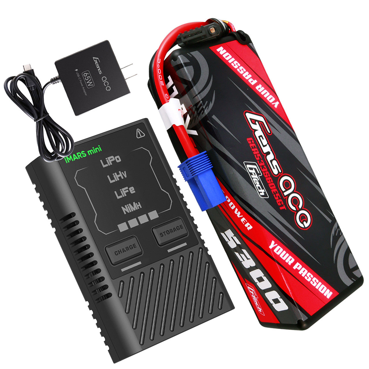 Gens Ace 5300mAh 3S 60C HardCase G-Tech Lipo Battery EC5 Plug + IMars Mini G-Tech 60W Combo for Arrma