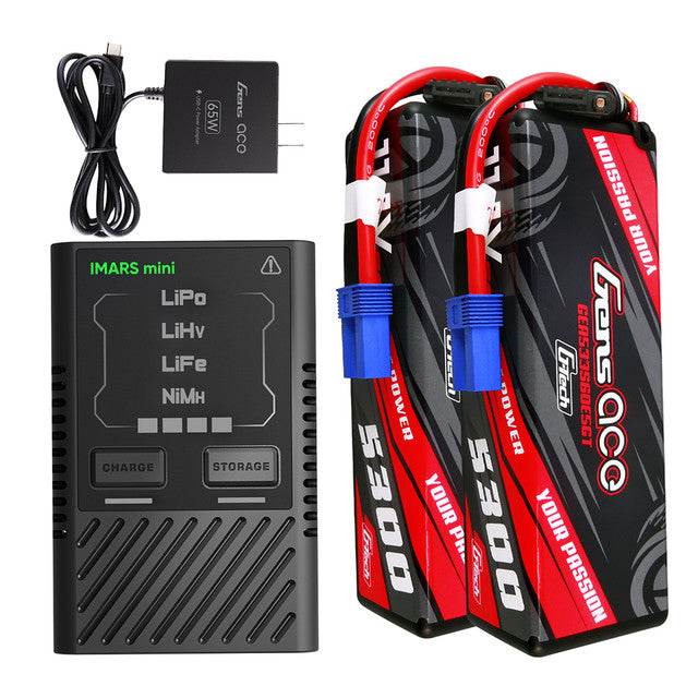 Gens Ace 5300mAh 3S 60C HardCase G-Tech Lipo With EC5 Plug x2 + IMars Mini G-Tech 60W Charger Combo for Arrma