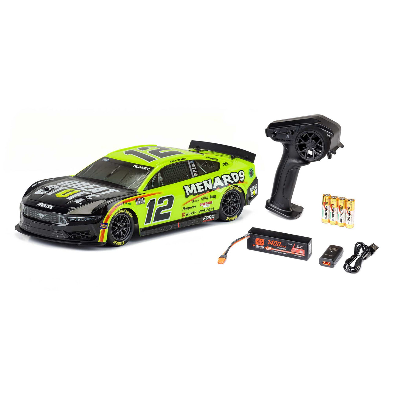 LOS1122412 1/12 AWD NASCAR RC voiture de course RTR, Ryan Blaney #12 Menards 2024 Ford Mustang 