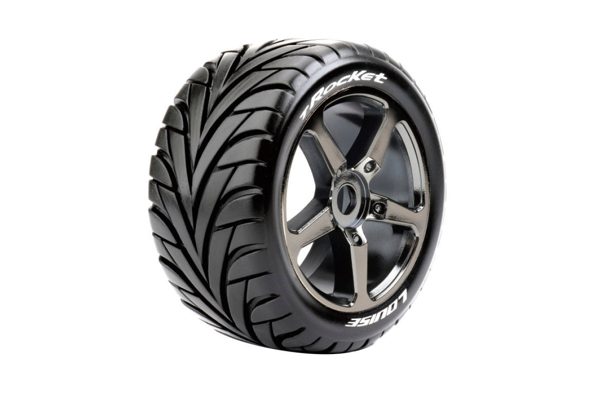 L-T3250SBC Louise Tires & Wheels 1/8 Truggy T-Rocket  Front/Rear Soft Black Chrome Rim  0 offset Hex 17mm  (2)