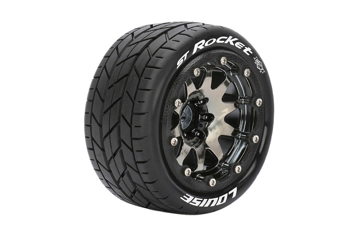 L-T3311SBCH Louise Tires &amp; Wheels Beadlock 2,8" 1/10 ST-ROCKET Soft Black Chrome 1/2 offset HEX 12 mm avec ceinture (MFT) (2)
