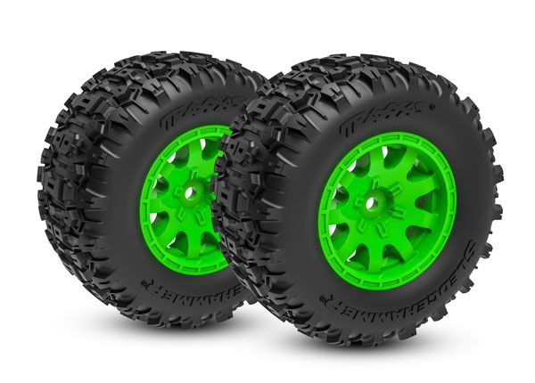 10771-GRN Traxxas Tires & wheels, assembled (green wheels)(front)(2)