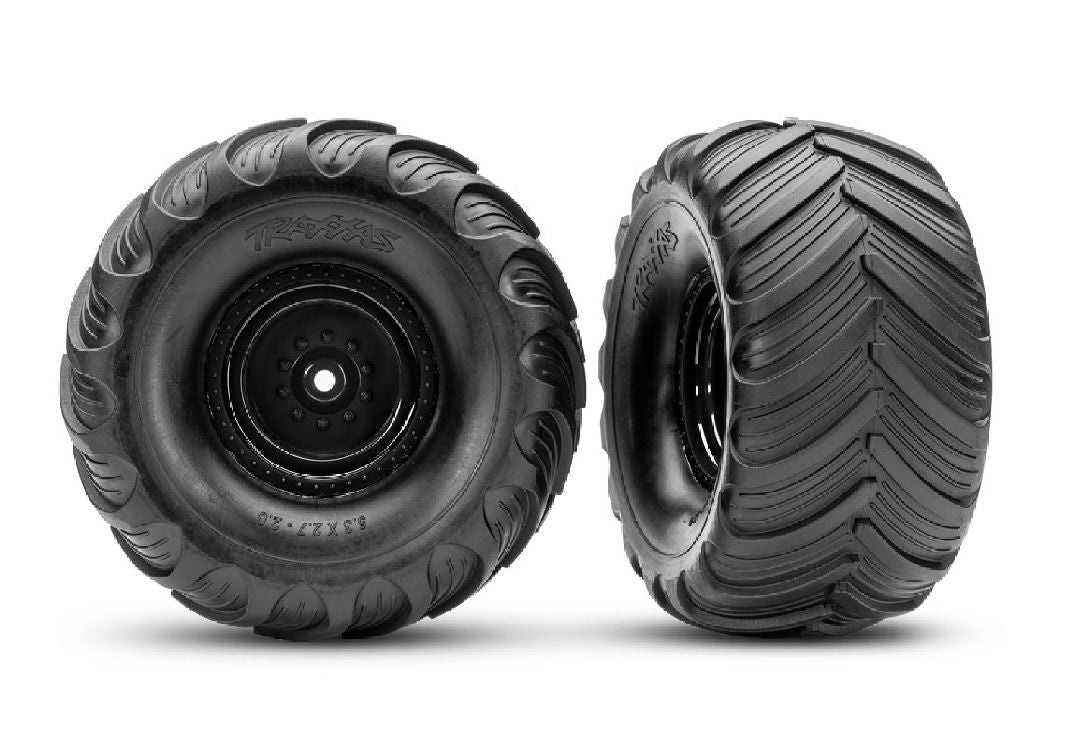 3663-BLK Traxxas Terra Groove Tires mounted on black wheels (2)(rear)