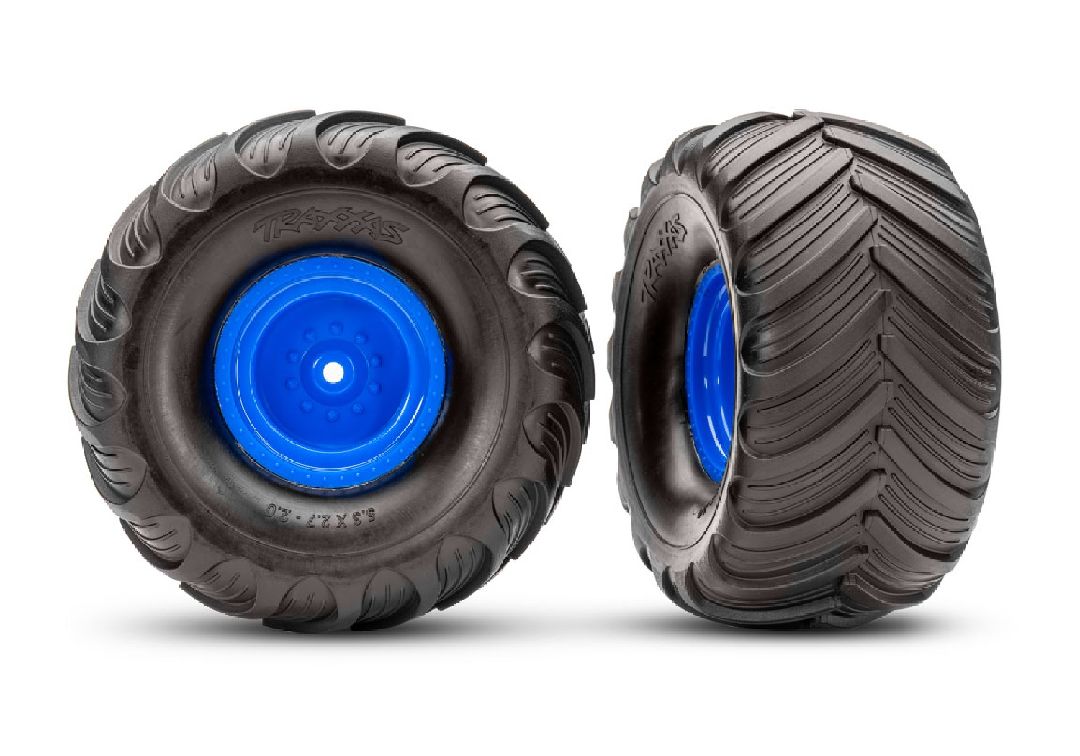 3663-BLUE Traxxas Terra Groove Tires mounted on blue wheels (2)(rear)