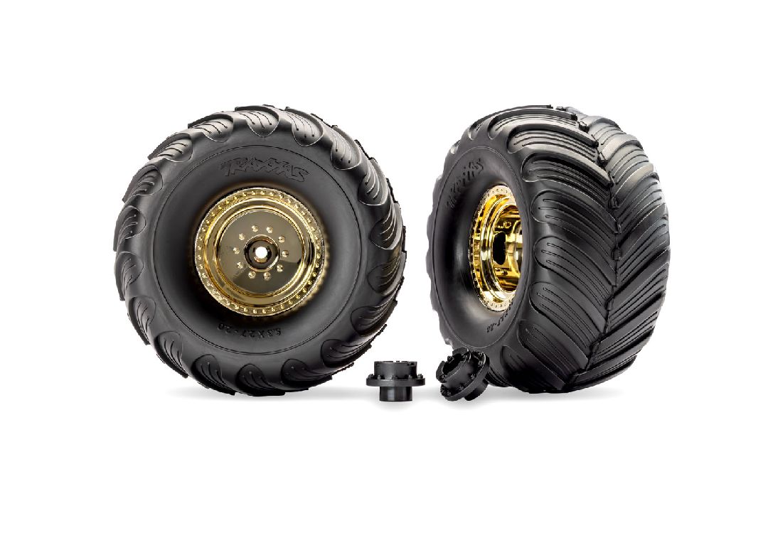 3663-GOLD Traxxas Monster Truck Gold Wheels & Terra Groove Tires (2)