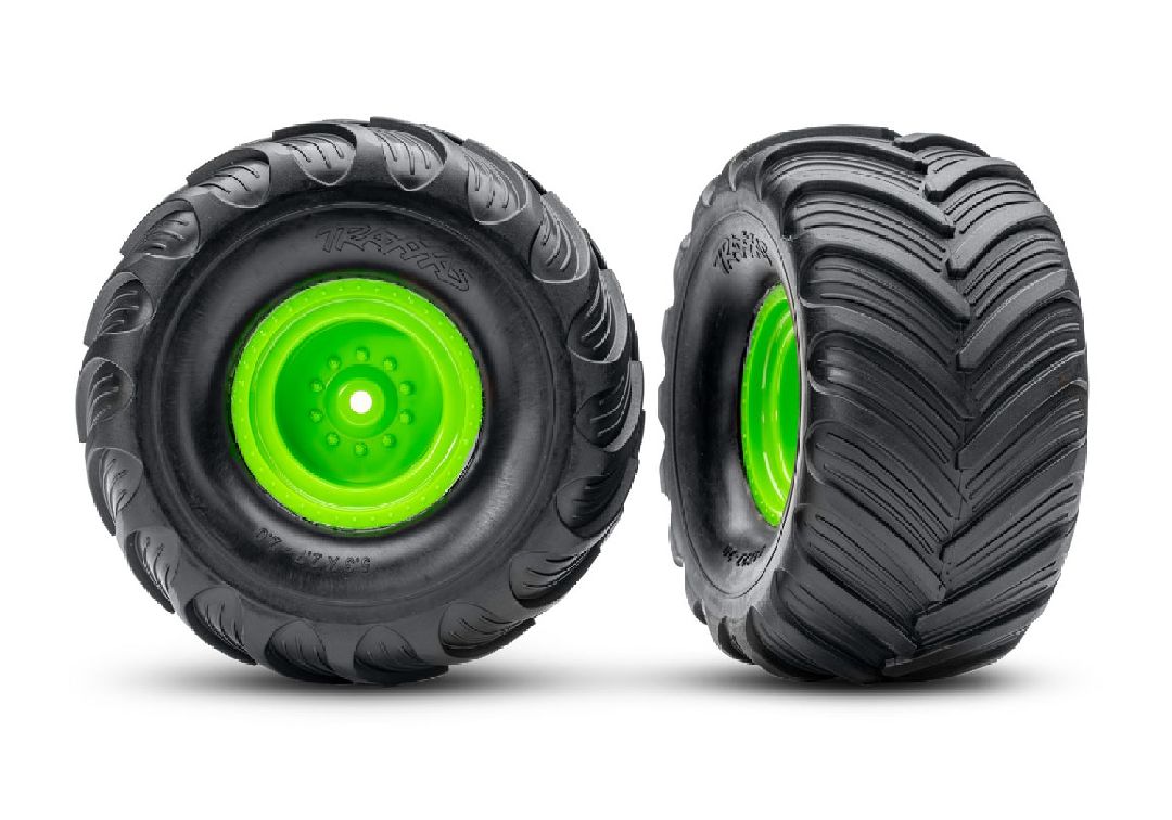 3663-GRN Traxxas Terra Groove Tires mounted on green wheels (2)(rear)