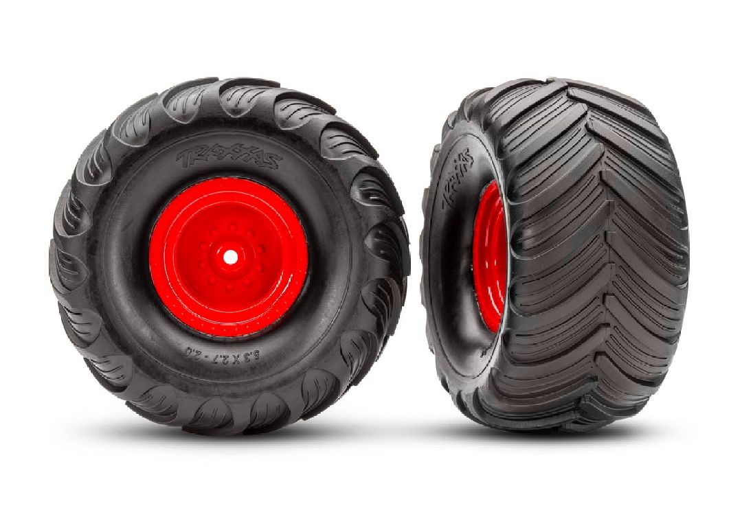 3663-RED Traxxas Terra Groove Tires mounted on red wheels (2)(rear)