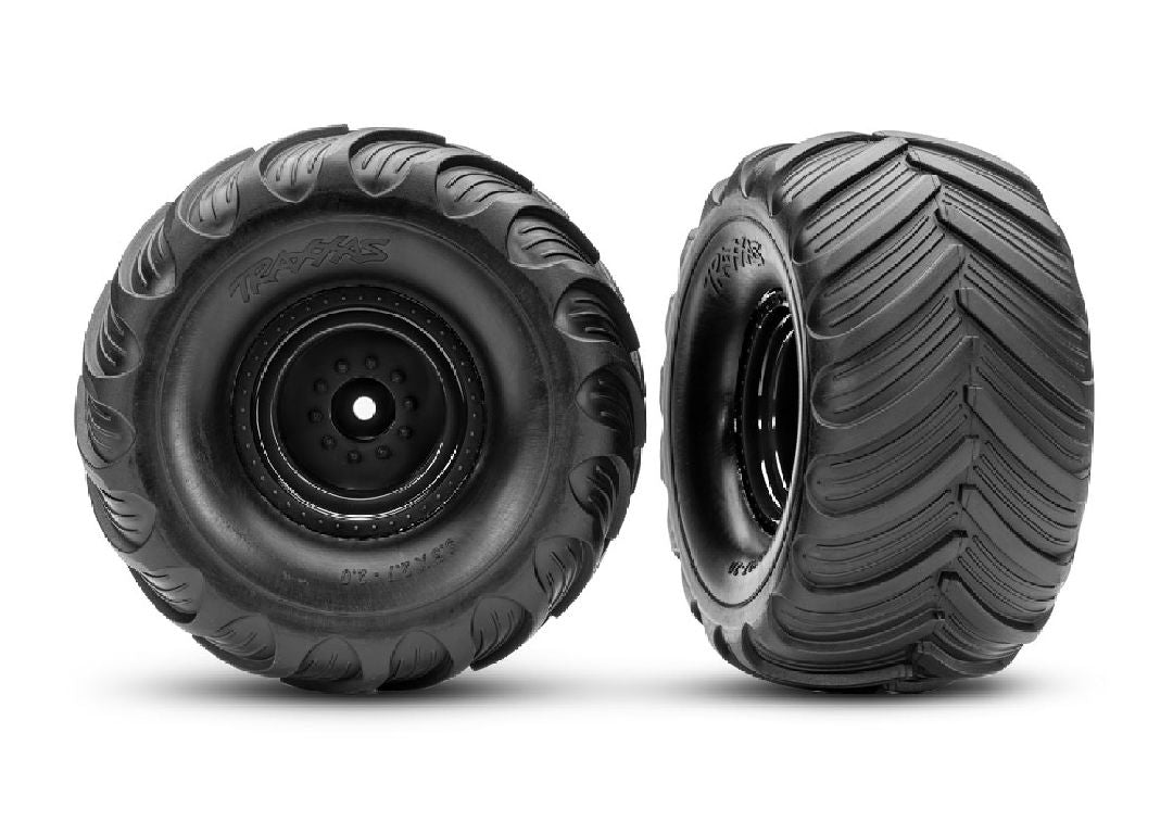 3665-BLK Traxxas Terra Groove Tires mounted on black wheels (2)(front)