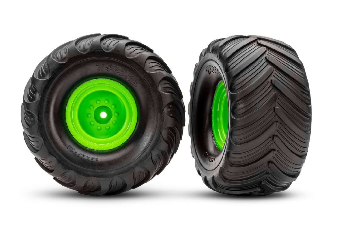 3665-GRN Traxxas Terra Groove Tires mounted on green wheels (2)(front)