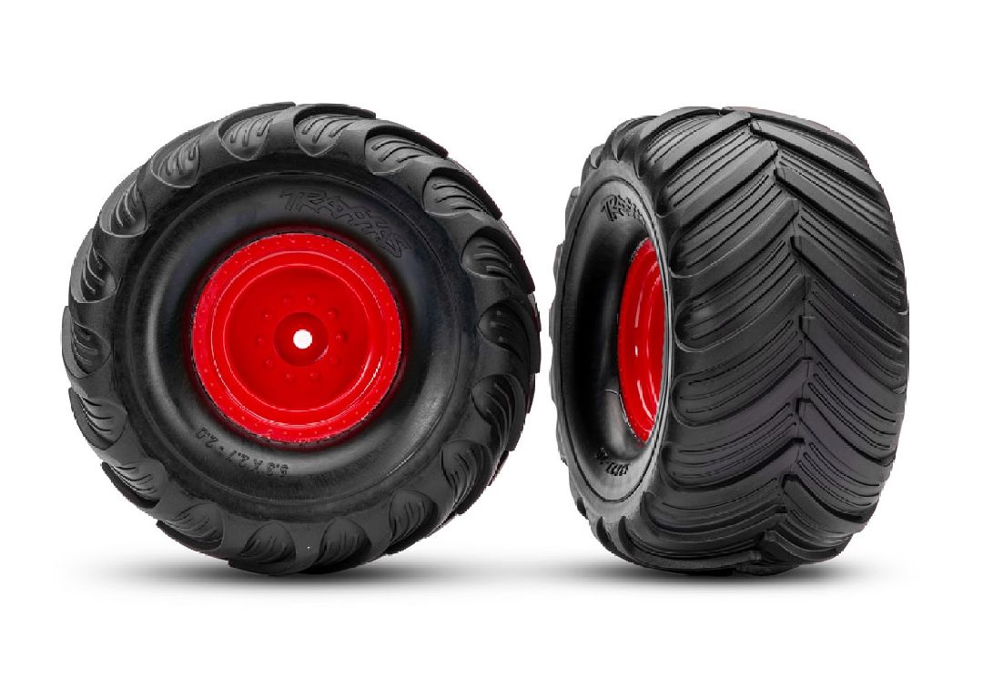 3665-RED Traxxas Terra Groove Tires mounted on red wheels (2)(front)
