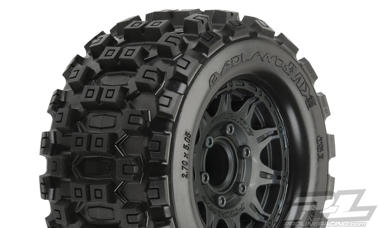 PRO1012510 Badlands MX28 2.8” All Terrain Tires Mounted on Raid Black 6x30 Removable Hex Wheels (2) for Stampede® 2wd & 4wd Front and Rear