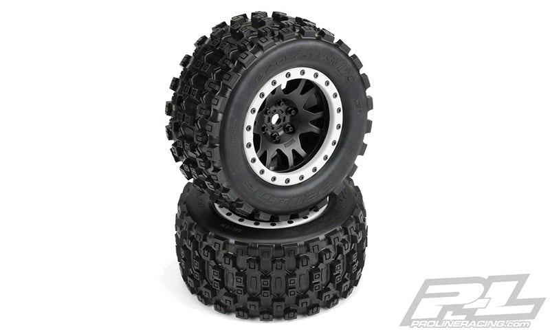 PRO1013113 Pro-Line Badlands MX43 Pro-Loc All Terrain Tires (2) Mounted on Impulse Pro-Loc Black Wheels with Stone Gray Rings for X-MAXX Front or Rear Belted