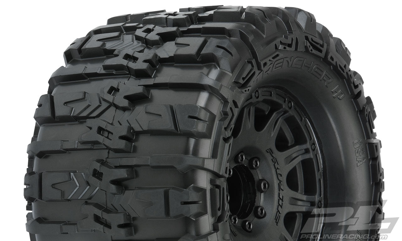 PRO1015510 Trencher HP 3.8" All Terrain BELTED Truck Tires Mounted on Raid Black 8x32 Removable Hex Wheels (2) for 17mm MT Front or Rear E-REVO® 2.0 SUMMIT® Tekno MT410 ARRMA Kraton Other Monster Trucks with 17mm Hexes