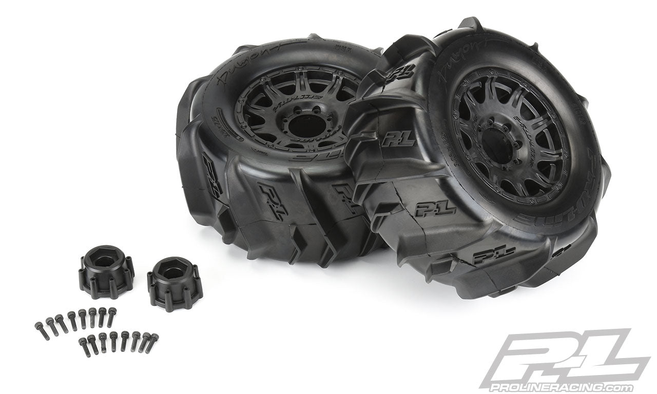 PRO1019210 Neumáticos Dumont de paleta para arena/nieve de 3,8" montados sobre ruedas hexagonales extraíbles Raid Black de 8x32 (2) para MT delantera o trasera de 17 mm