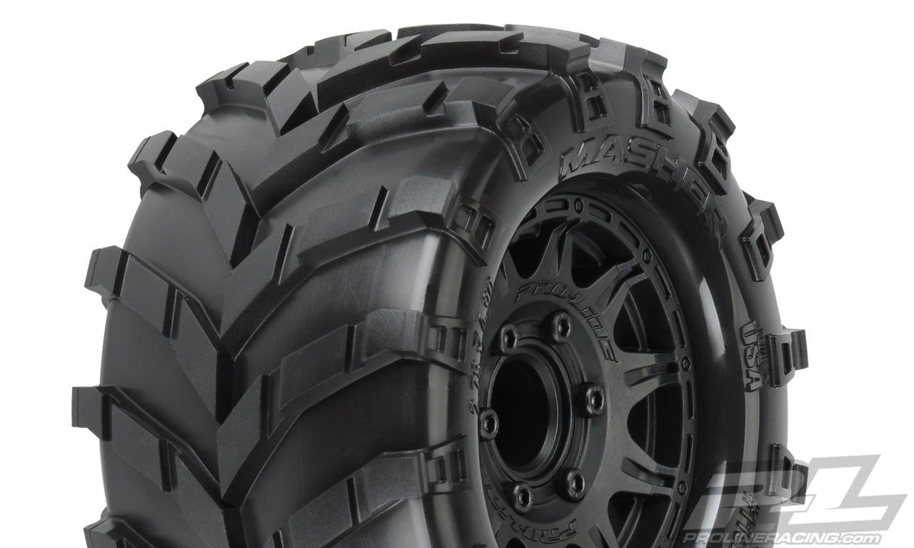 PRO119210 Masher 2.8" All Terrain Tires Mounted on Raid Black 6x30 Removable Hex Wheels (2) for Stampede® 2wd & 4wd Front and Rear