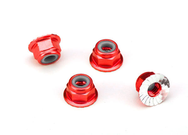 1747A Traxxas 4mm Aluminum Flanged Serrated Nuts (Red) (4)