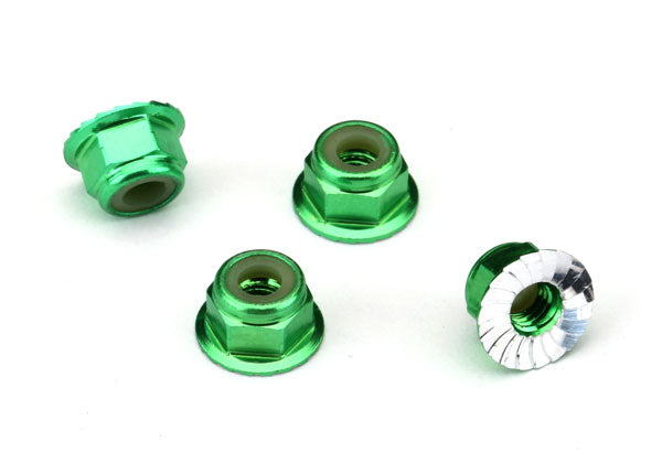 1747G Tuercas, aluminio, bridadas, dentadas (4 mm) (anodizadas en verde) (4)