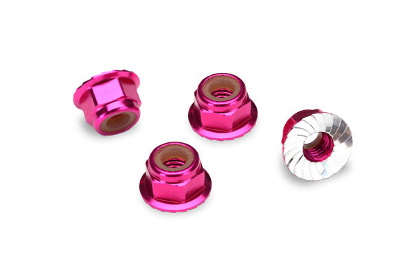 1747P Écrous, aluminium, à bride, dentelés (4 mm) (anodisés rose) (4)