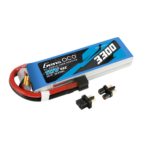Batterie Lipo Gens Ace 3300mAh 45C 3S1P 11.1V avec adaptateur EC3 et Deans 